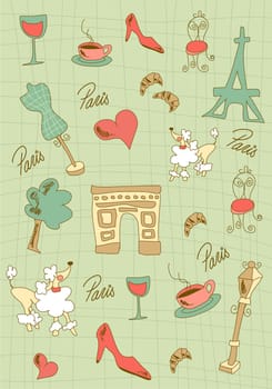 Hand made Paris icons on green background. Vector avaliable.