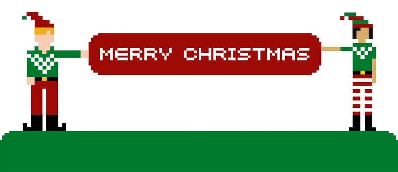 Two funny pixeled elves holding a Merry Xmas banner