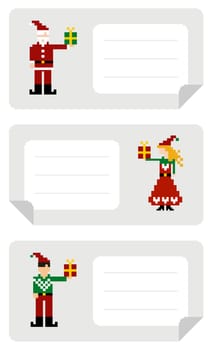 Christmas stikers with different funny pixeled elf holding a gift.