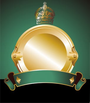 Round golden label with crow and winged band on green background