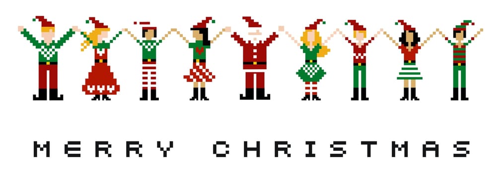 A group of pixeled xmas characters celebrating Christmas.