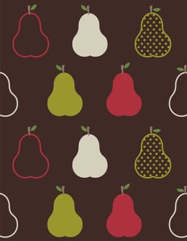 Retro colorful pears pattern on brown background
