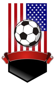 Composition with United States flag, football and one horizontal ribbon crossed on white background.