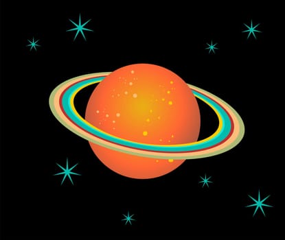 The planet Saturn surrounded by stars over black background. Vector file available