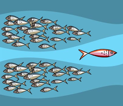 Different Fish Swimming Against The Tide. Blue background. Vector available