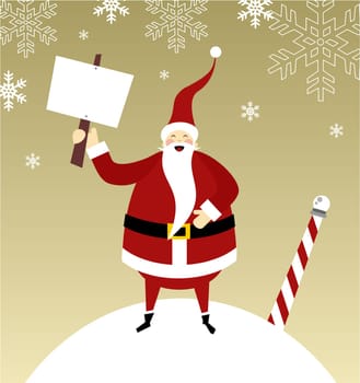 Santa Claus standing on a snow mountain with a gift on his right hand and a blank comic balloon.