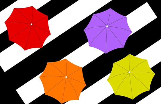 view from above of four umbrellas of different colours on diagonal crosswalk