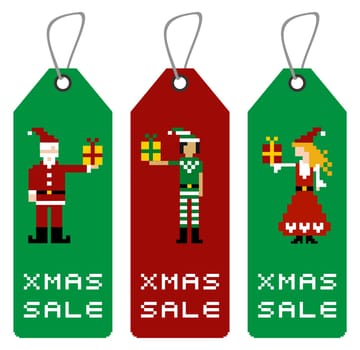 Christmas tag with different funny season pixeled characters.
