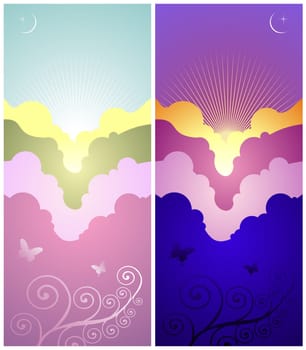 Colorful set of sunrise and sunset vertical banners with natural elements
