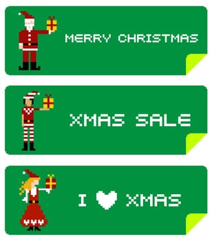 Christmas labels with different funny season pixeled characters.