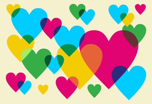 Various multicolored hearts. Magenta, Cyan, yellow and green transparency elements.
