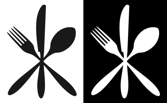 Cutlery icons. Fork, knife and spoon silhouettes on black and white backgrounds. Vector available.