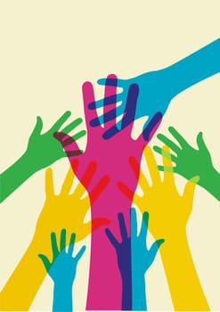 multicolored hands illustration over a light background. Vector file available.