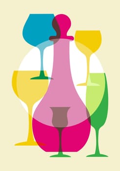 Colorful wine glasses and bottle set on light background