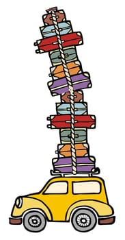 Illustration of a funny car with a lot of luggage on the roof. Vector file available.