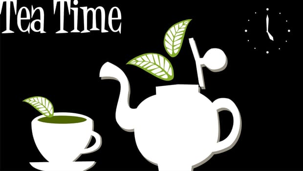 White teapot and cup over black background. Clock marking five o'clock and the legend teatime at top left corner.