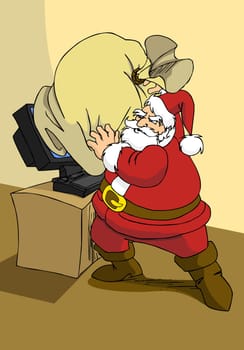 Xmas e-commerce series: Santa Claus trying to use modern internet technology to send the gifts.