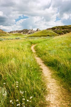 Hiking trail through Badlands in Dinosaur provincial park, Alberta, Canada