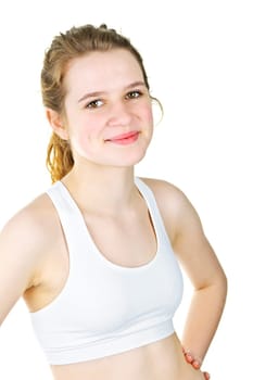 Pretty fit young woman ready for workout on white background