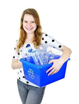 Smiling young woman holding full recycling box isolated on white