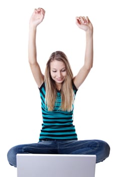 Woman expresses happiness after receiving good news through internet