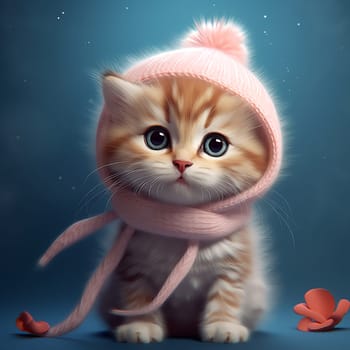 Adorable kitten in a knitted hat and scarf. Cute cat in a Christmas composition with bokeh effect. AI Generated.