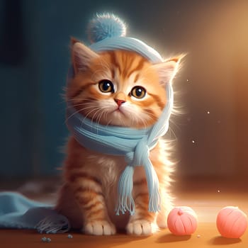 Adorable kitten in a knitted hat and scarf. Cute cat in a Christmas composition with bokeh effect. AI Generated.