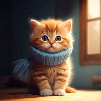 Adorable kitten in a knitted hat and scarf. Cute cat in a Christmas composition with bokeh effect. AI Generated.