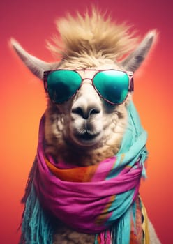 Cute stylish alpaca portrait of llama wearing glasses on blue background wearing glasses and scarf, fashion