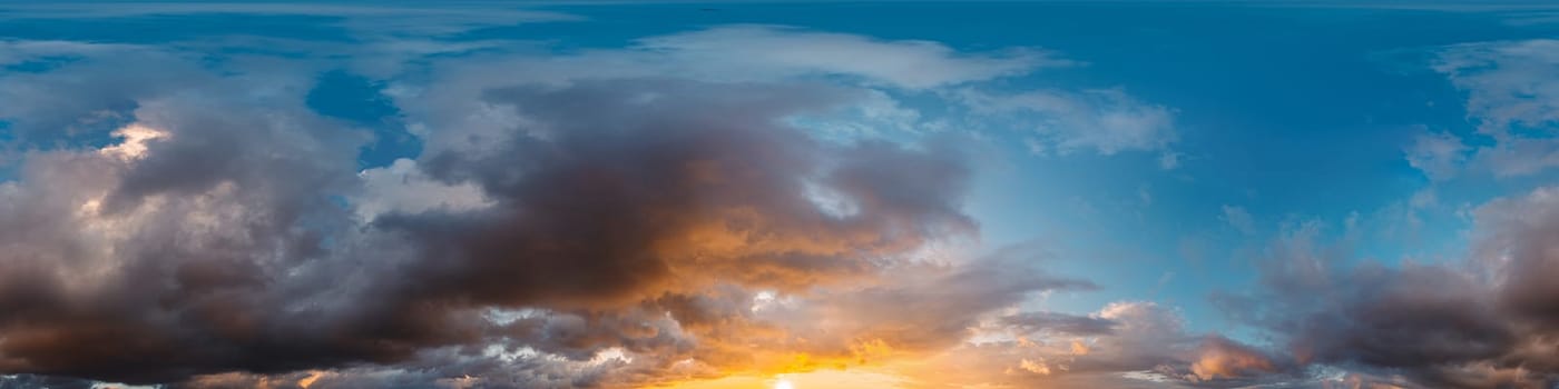 Sunset sky panorama with bright glowing pink Cumulus clouds. HDR 360 seamless spherical panorama. Full zenith or sky dome in 3D, sky replacement for aerial drone panoramas. Weather and climate concept