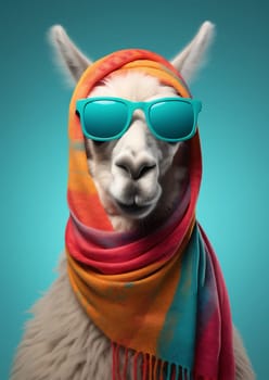 Cute stylish alpaca portrait of llama wearing glasses on blue background wearing glasses and scarf, fashion