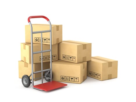 Cardboard boxes with hand truck 3D rendering illustration isolated on white background