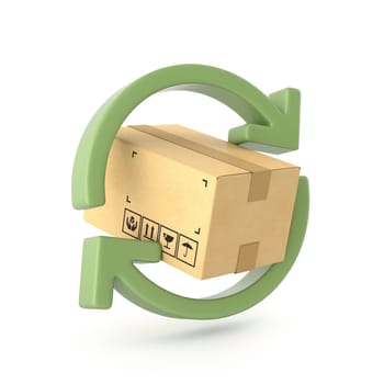 Cardboard box with two green arrows 3D rendering illustration isolated on white background