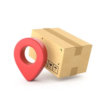 Cardboard box with red map pointer 3D rendering illustration isolated on white background
