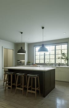 Beautiful bright kitchen in a new luxury house in a traditional style. Features a wood island, white stone countertops, cabinets and wood floors. 3D rendering