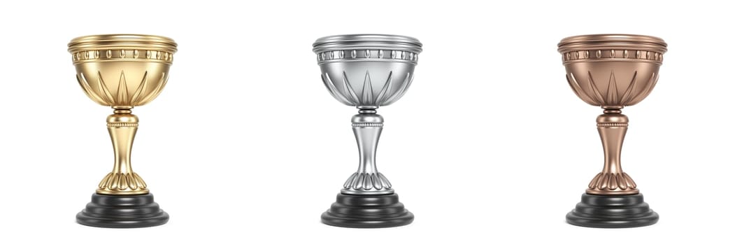 Golden, silver and bronze trophy engraved 3D rendering illustration isolated on white background
