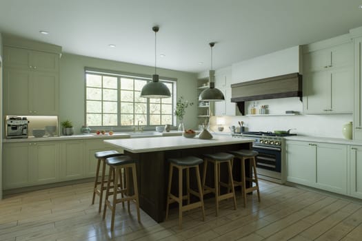 Beautiful bright kitchen in a new luxury house in a traditional style. Features a wood island, white stone countertops, cabinets and wood floors. 3D rendering