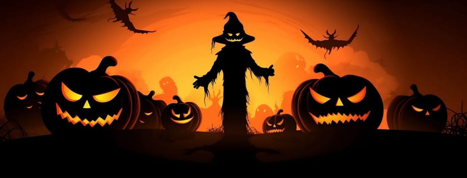 fall pumpkin happy october light silhouette horror holiday orange ghost head scary glowing halloween dark field monster night bat black. Generative AI.