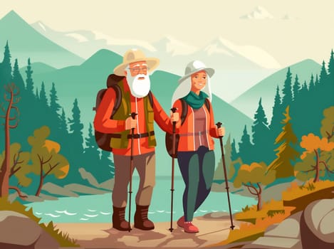 fitness active hiking retirement backpack couple walking together exercise love illustration adventure pensioner old elderly happy trekking senior retired grandfather. Generative AI.