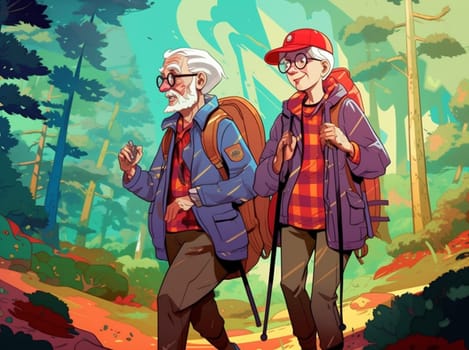 retired senior retirement grandmother grandfather old active hiking happy nature cartoon couple backpack elderly walking illustration outdoors adventure healthy trekking. Generative AI.