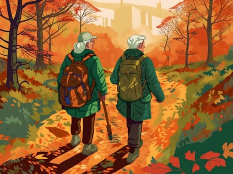 happy woman walking trekking couple person elderly old grandfather senior together hike grandparent activity cartoon run summer active hiking adventure. Generative AI.