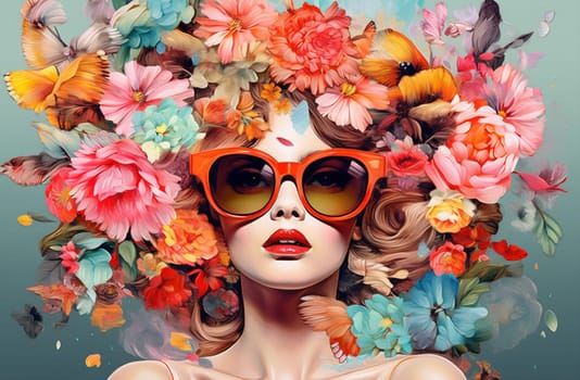 woman trendy summer fashion floral portrait abstract face contemporary pop poster blossom flower art dream young head design trend creativity concept. Generative AI.