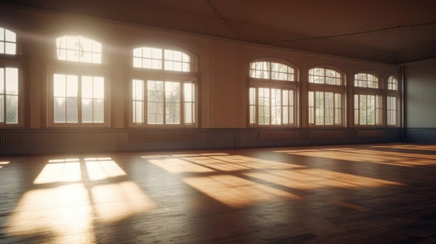 Empty classical dance hall with mirror, sunlight from windows. Ballet class. AI