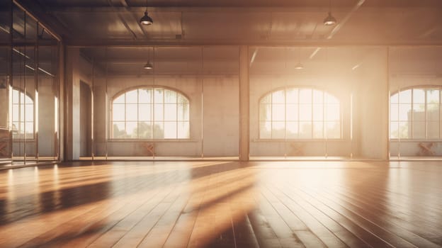 Empty classical dance hall with mirror, sunlight from windows. Ballet class. AI
