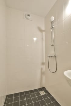 a white bathroom with black tile flooring and shower head mounted on the wall in front of the toilet bowl