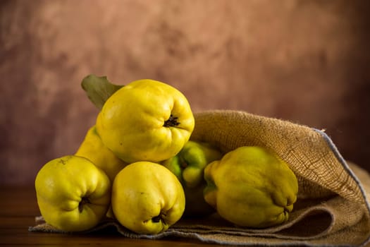Ripe natural autumn quince on a dark wooden table.