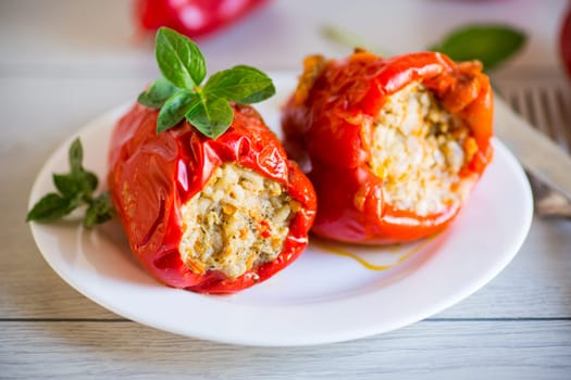 stewed in gravy stuffed peppers in a plate on a wooden table
