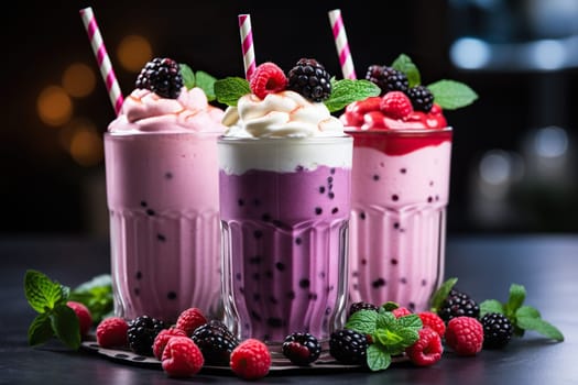 Three tasty fresh milk shakes with berries and mint on black table.
