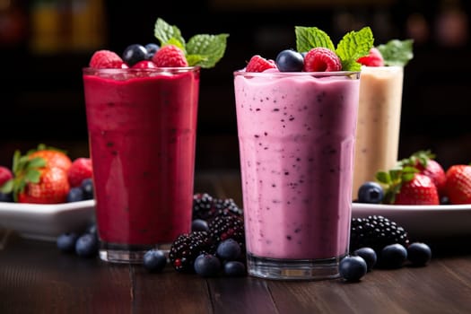 Three tasty fresh milk shakes with berries and mint on wooden table.