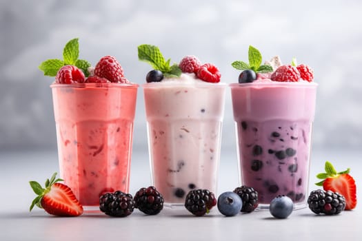 Three tasty fresh milk shakes with berries and mint on white table.